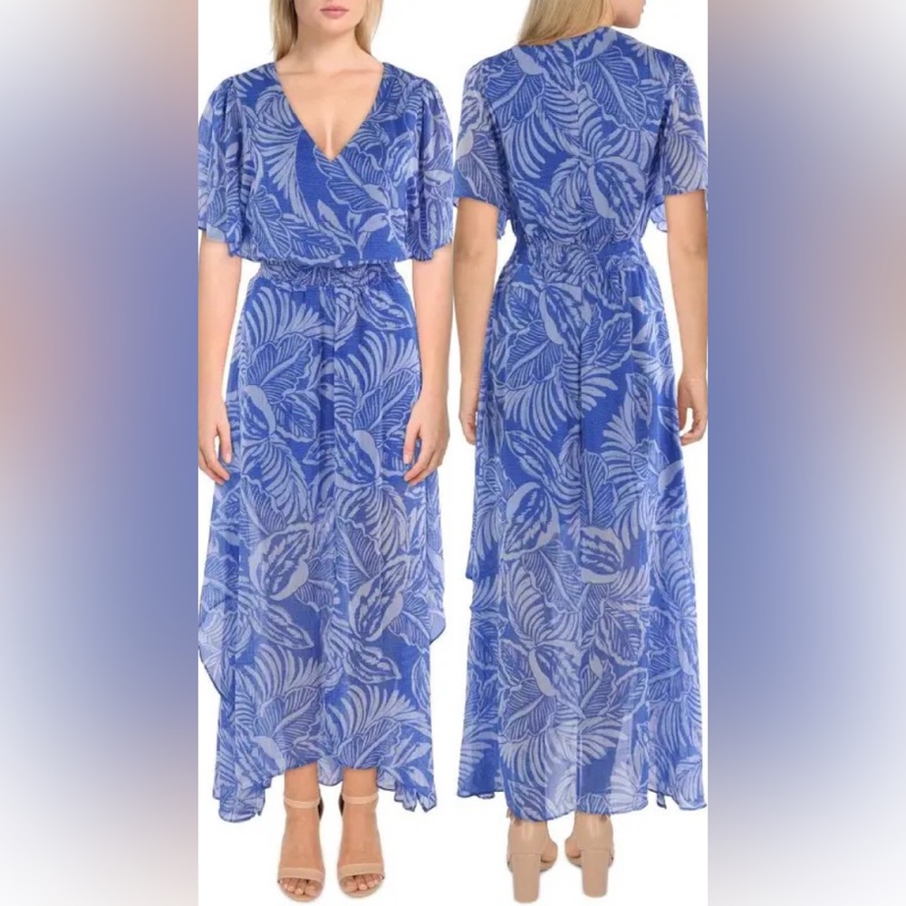 CeCe Blue Leaf-Print Maxi Dress
